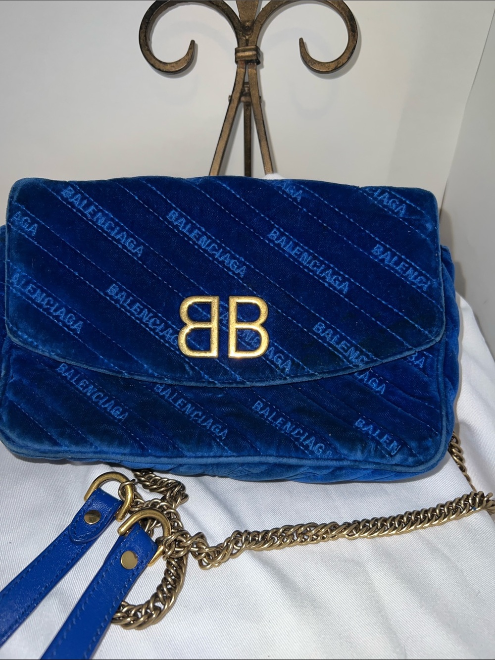 Balenciaga Quilted Velvet BB Chain Crossbody in Royal Blue and Gold
